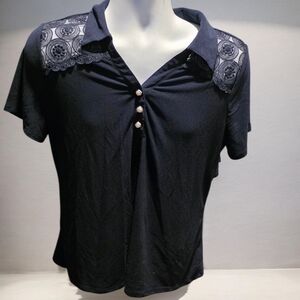 89th & Madison Navy Lace Short Sleeve